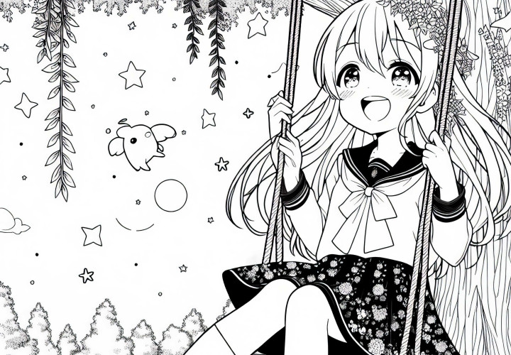 Gadis anime duduk tertawa di ayunan di bawah pohon besar - Gambar untuk diwarnai gratis