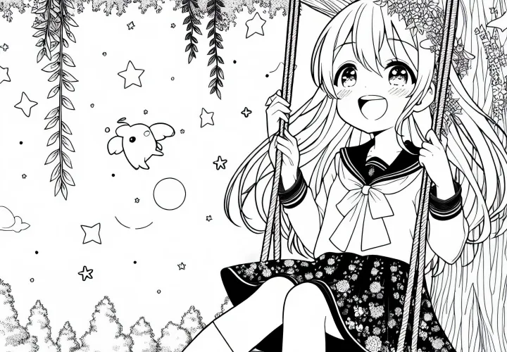 Gadis anime duduk tertawa di ayunan di bawah pohon besar - Gambar untuk diwarnai gratis