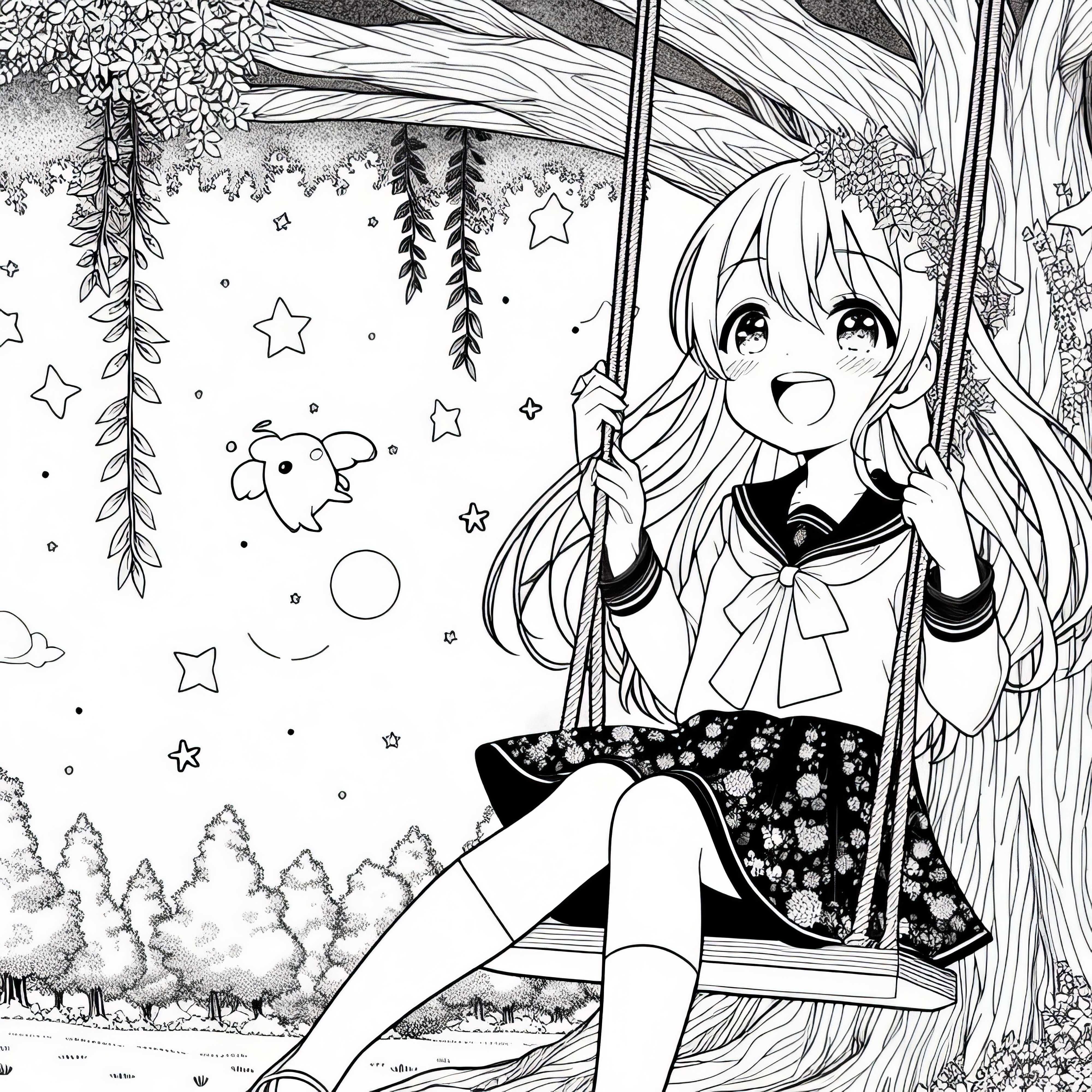 Gadis anime duduk tertawa di ayunan di bawah pohon besar - Gambar untuk diwarnai gratis