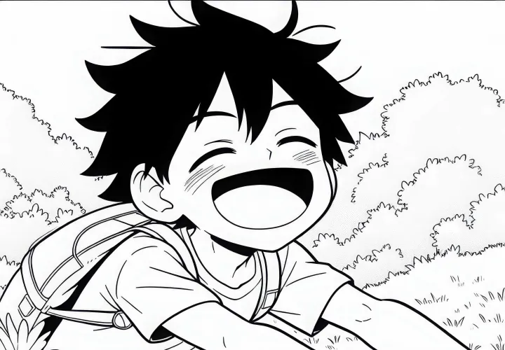 Anime anak laki-laki dengan bahagia mengendarai sepeda melalui ladang bunga - Template gambar gratis
