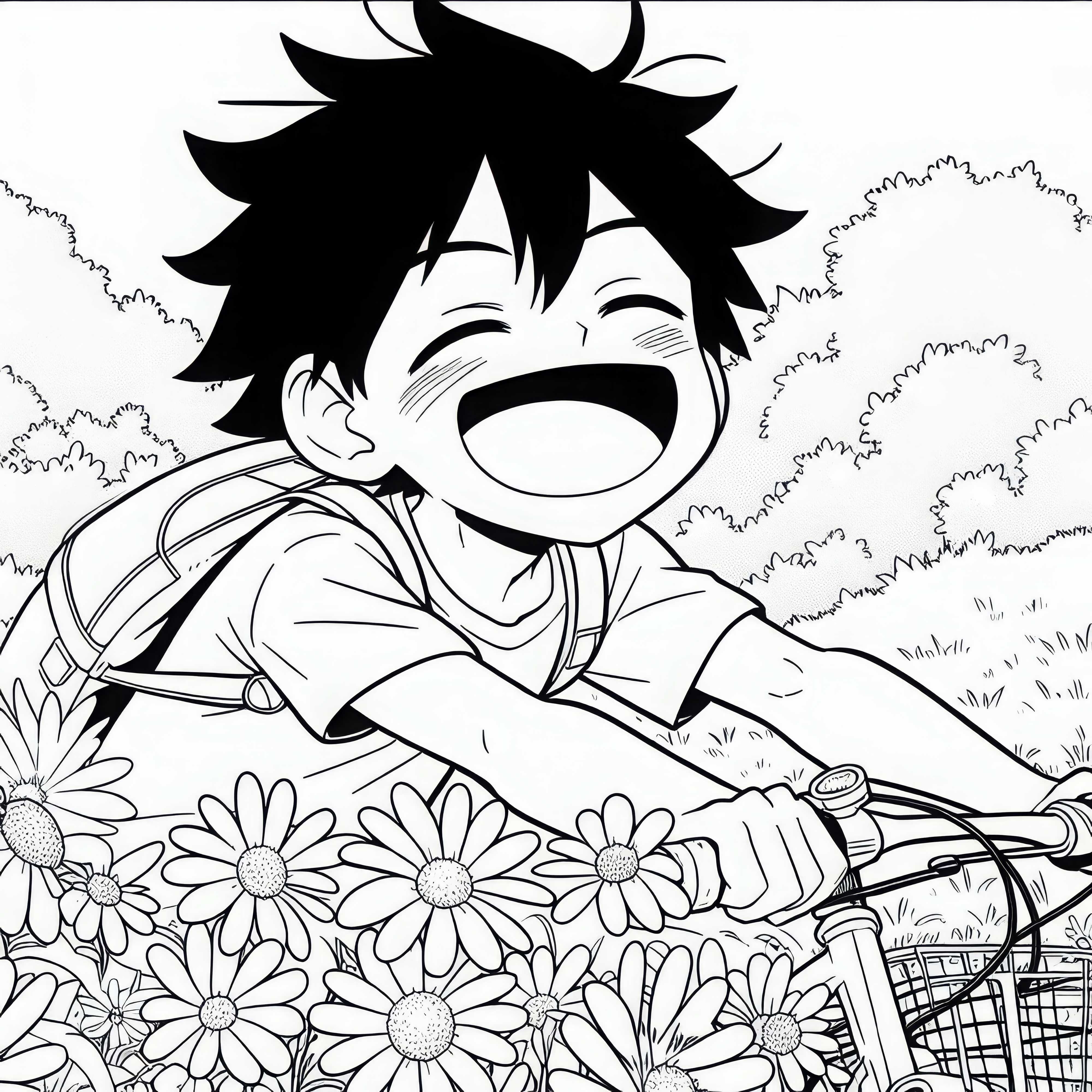 Anime pemuda mengendarai sepeda dengan bahagia melalui ladang bunga - Cetakan gratis untuk mewarnai