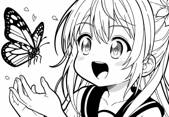 Gadis anime dengan antusias mengamati seekor kupu-kupu - Template mewarnai gratis
