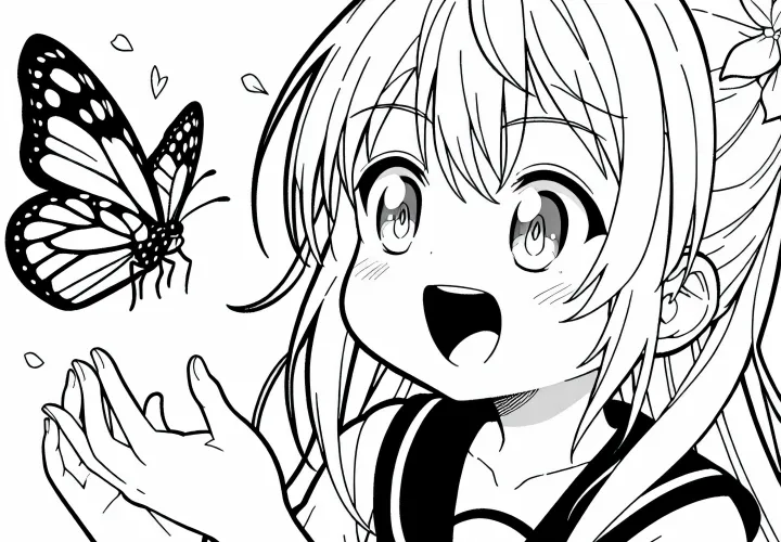 Gadis anime dengan antusias mengamati seekor kupu-kupu - Template mewarnai gratis
