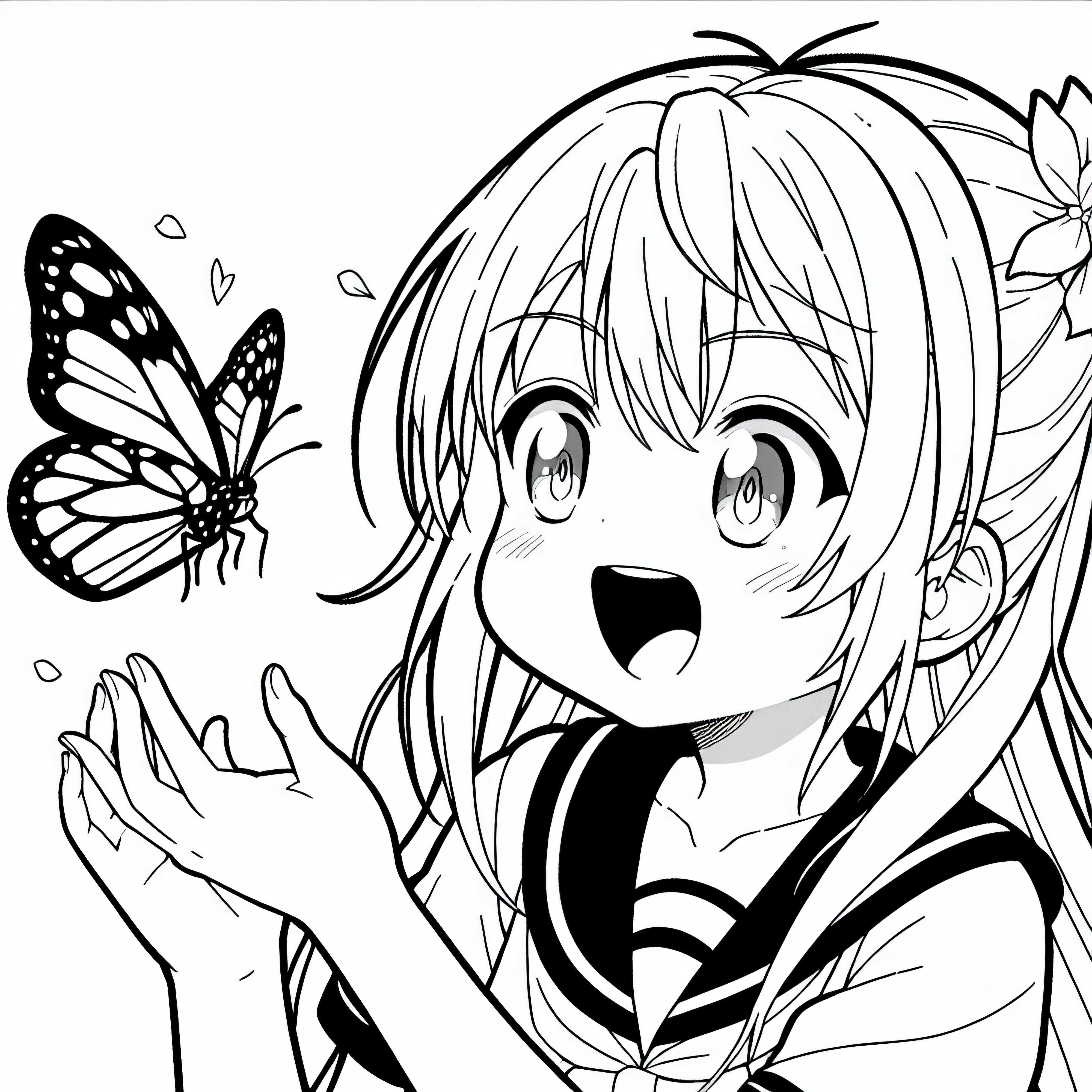 Gadis anime dengan penuh semangat mengamati kupu-kupu - Template mewarnai gratis