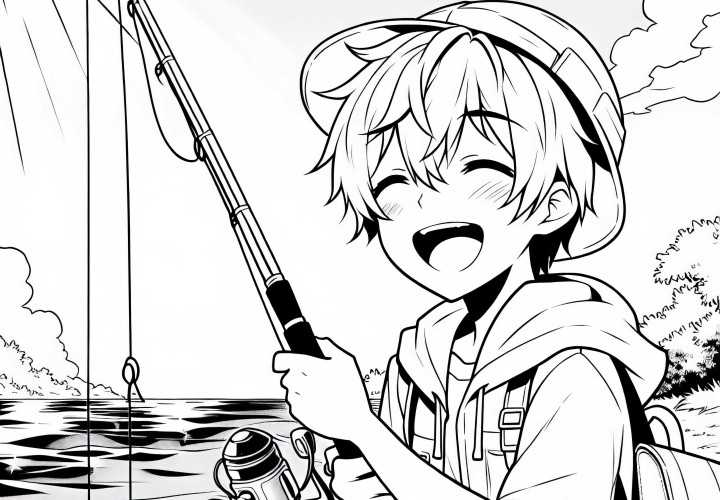 Anime anak laki-laki memegang pancing di tepi sungai yang cerah dan senang dengan tangkapannya - Gambar untuk diwarnai gratis