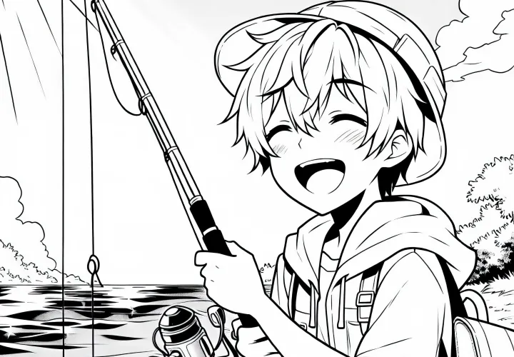 Anime anak laki-laki memegang pancing di tepi sungai yang cerah dan senang dengan tangkapannya - Gambar untuk diwarnai gratis