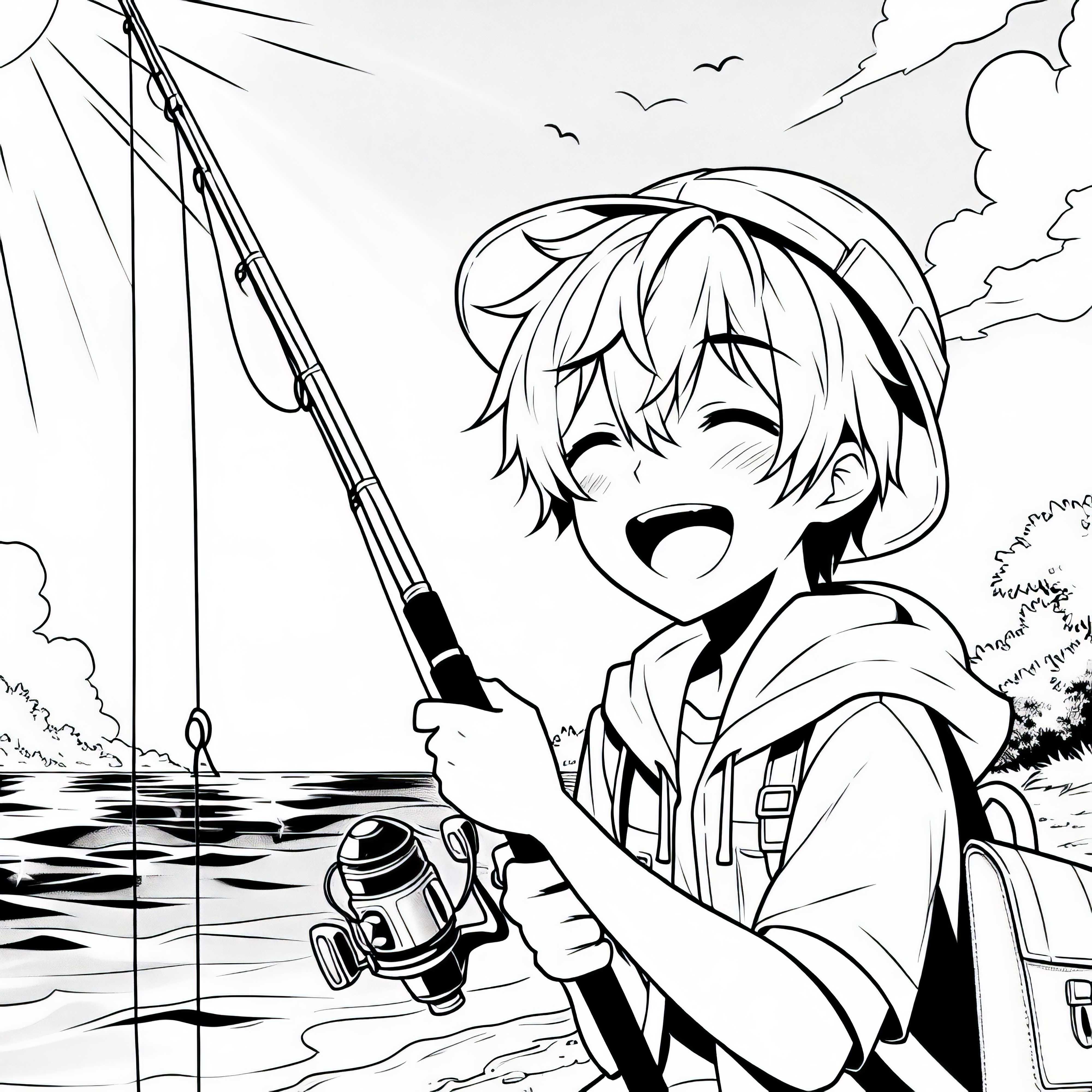 Anime anak laki-laki memegang pancing di tepi sungai yang cerah dan senang dengan tangkapannya - Gambar untuk diwarnai gratis