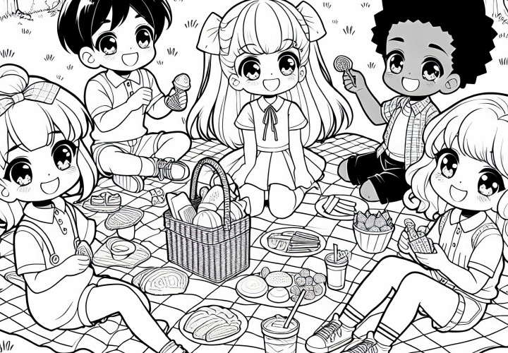 Anime anak-anak menikmati piknik ceria di atas selimut di alam – Gambar untuk diwarnai gratis