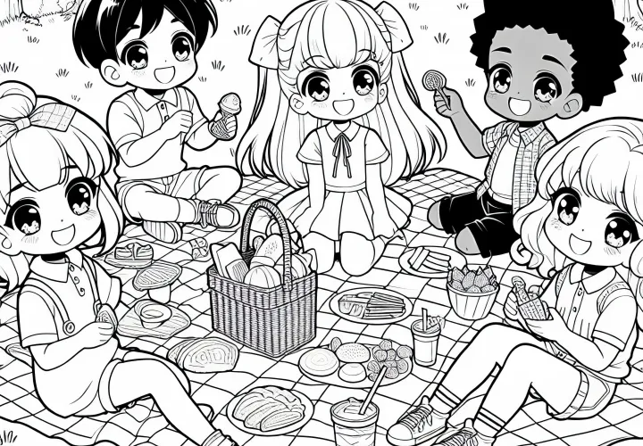 Anime anak-anak menikmati piknik ceria di atas selimut di alam – Gambar untuk diwarnai gratis