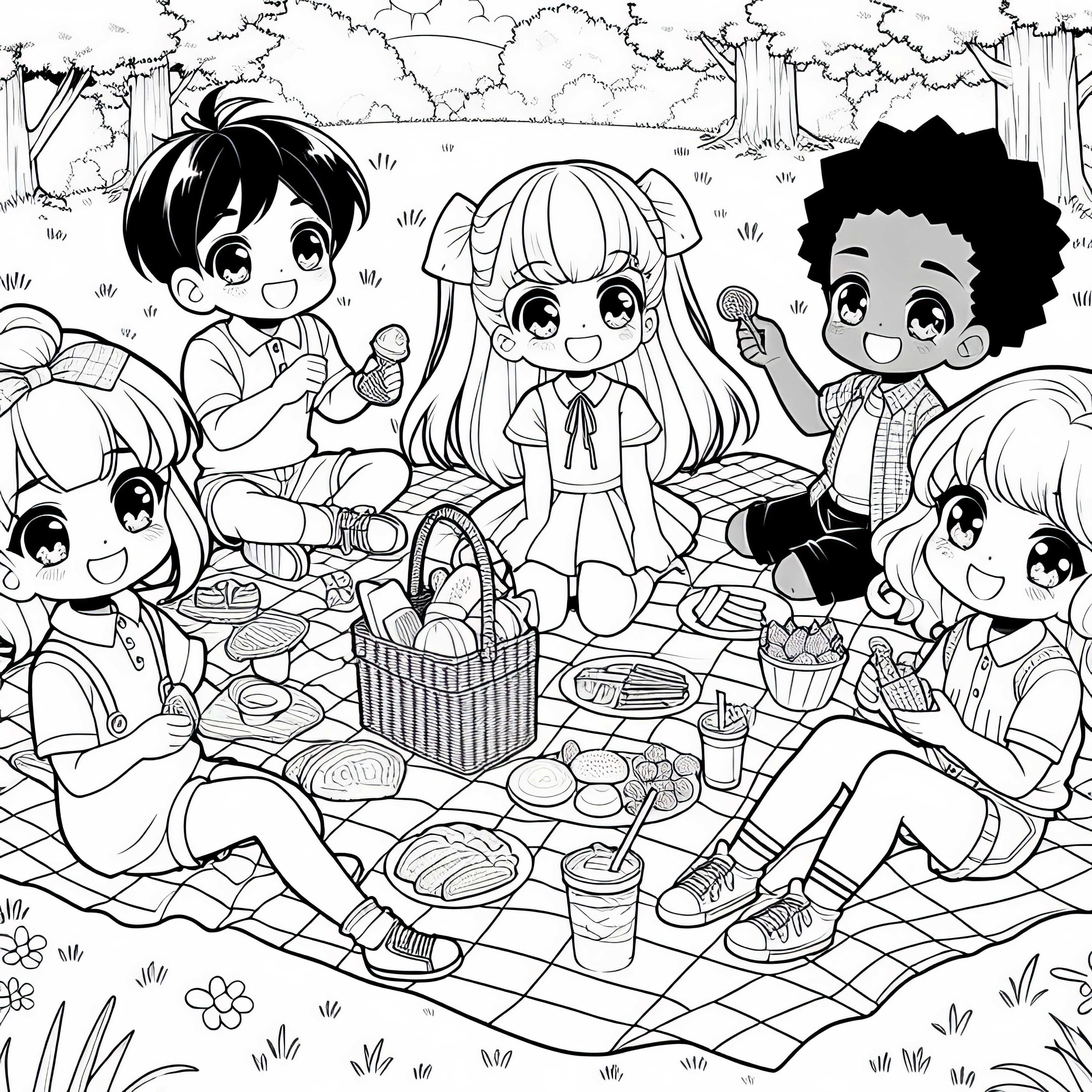 Anime anak-anak menikmati piknik ceria di atas tikar di alam – Gambar untuk diwarnai gratis