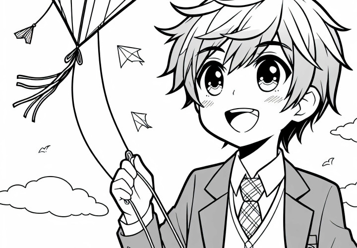 Anak anime terbang dengan semangat menerbangkan layang-layang di langit - Gambar untuk diwarnai gratis