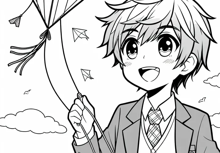 Anak anime terbang dengan semangat menerbangkan layang-layang di langit - Gambar untuk diwarnai gratis