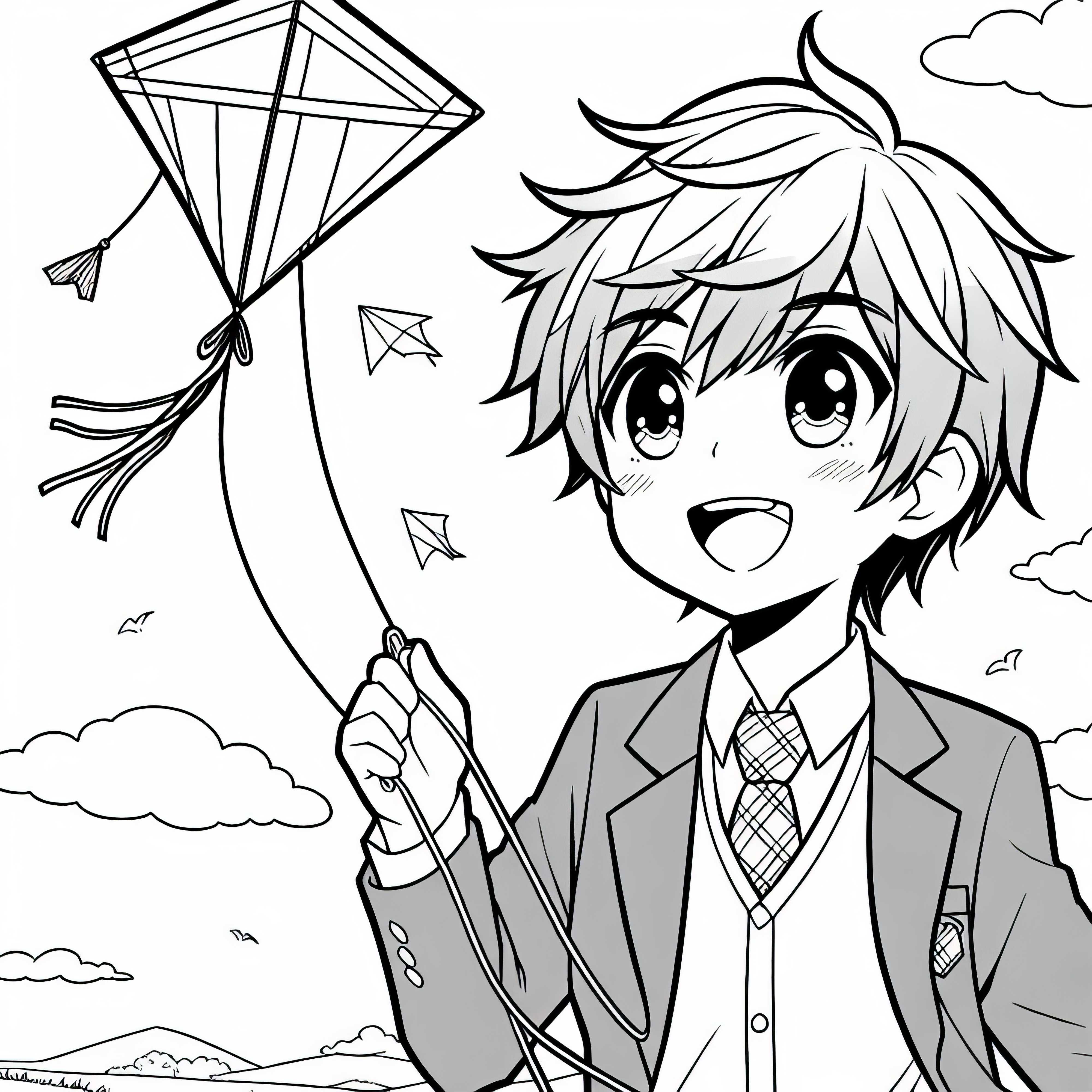 Anak anime dengan gembira menerbangkan layang-layang di langit - Template pewarnaan gratis