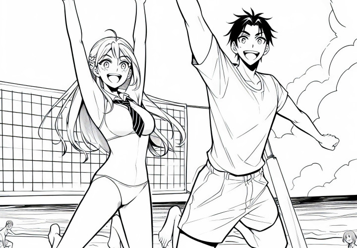 Dua Karakter Anime Bermain Bahagia Bola Voli di Pantai yang Cerah - Gambar Mewarnai Gratis