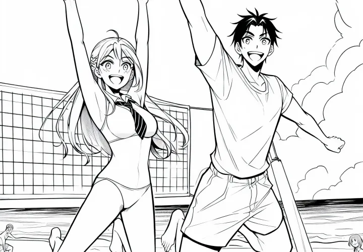 Dua Karakter Anime Bermain Bahagia Bola Voli di Pantai yang Cerah - Gambar Mewarnai Gratis