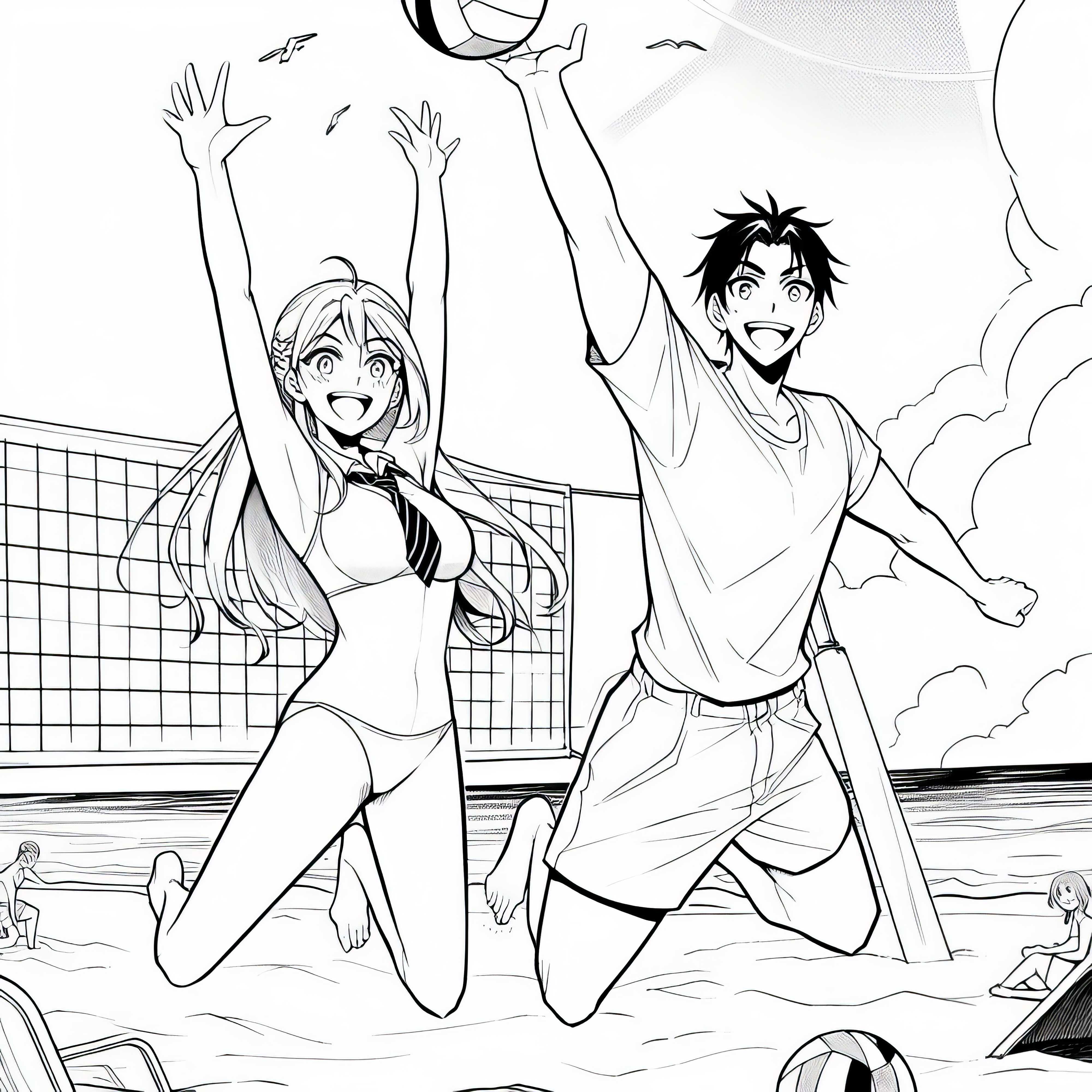 Dua Karakter Anime Bermain Bahagia Bola Voli di Pantai yang Cerah - Gambar Mewarnai Gratis