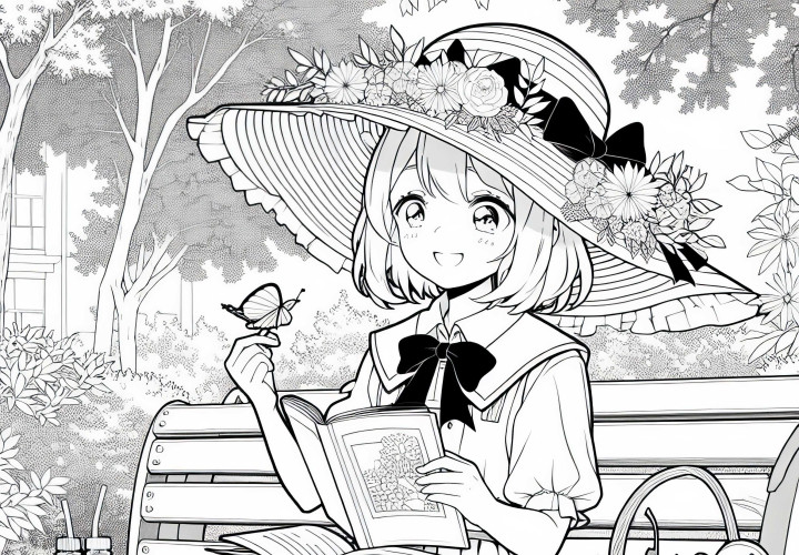 Gadis anime dengan topi matahari besar membaca dengan santai di bangku taman - Template mewarnai gratis