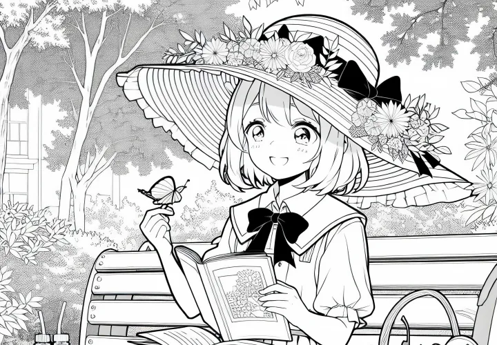 Gadis anime dengan topi matahari besar membaca dengan santai di bangku taman - Template mewarnai gratis