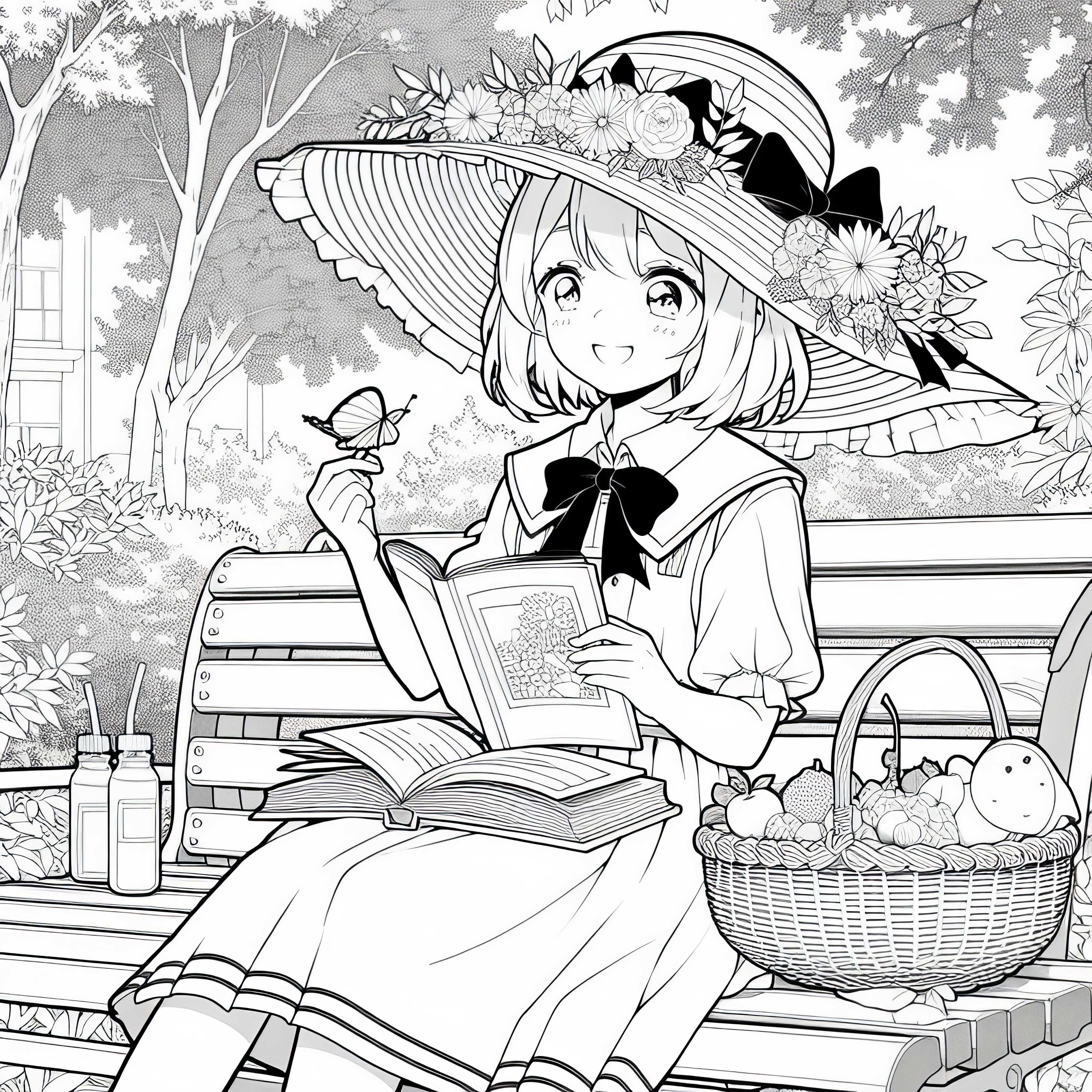 Gadis anime dengan topi matahari besar sedang membaca dengan santai di bangku di taman - Template mewarnai gratis