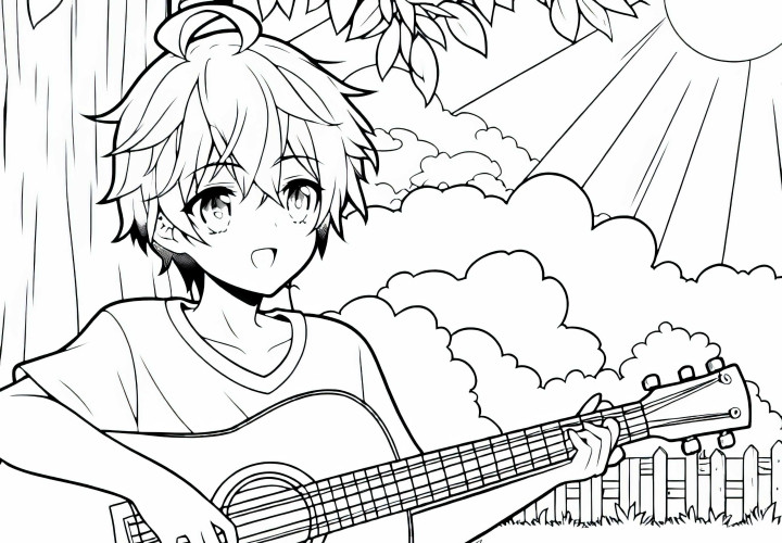 Anak anime bermain gitar dengan fokus di bawah pohon - Gambar mewarnai gratis