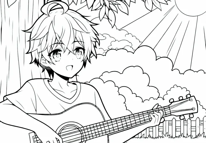 Anak anime bermain gitar dengan fokus di bawah pohon - Gambar mewarnai gratis