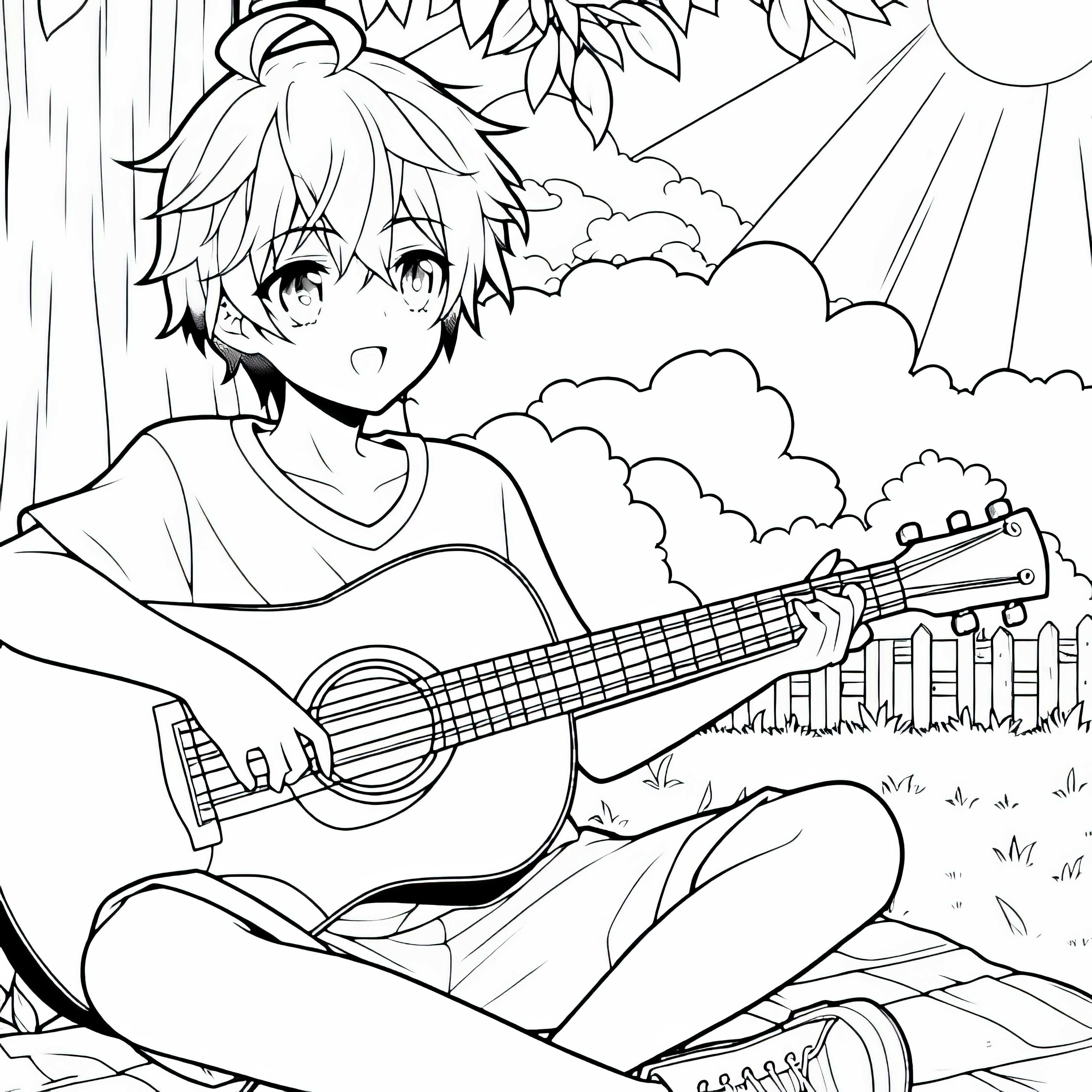 Anak anime bermain gitar dengan fokus di bawah pohon - Gambar untuk diwarnai gratis