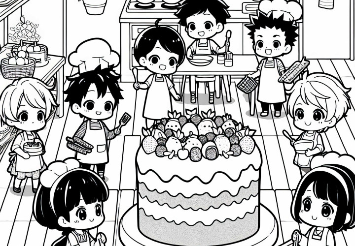 Anak-anak anime membantu membuat kue buah besar di dapur - Gambar untuk diwarnai gratis