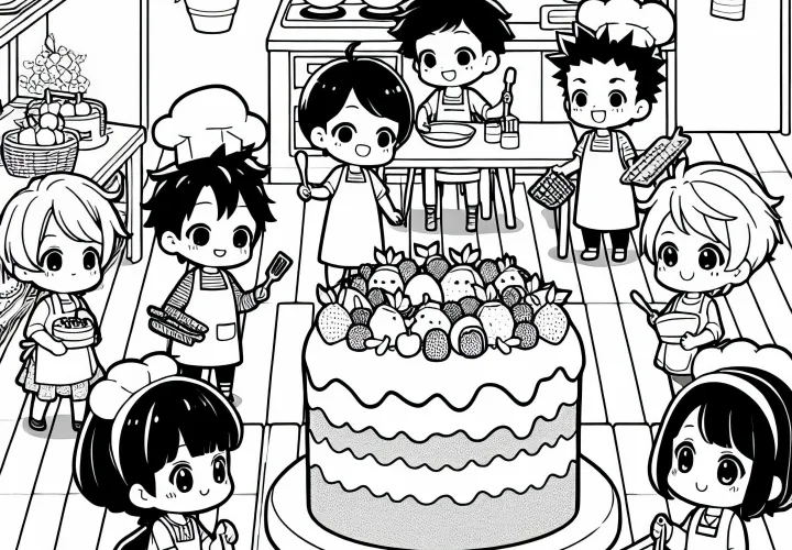 Anak-anak anime membantu membuat kue buah besar di dapur - Gambar untuk diwarnai gratis