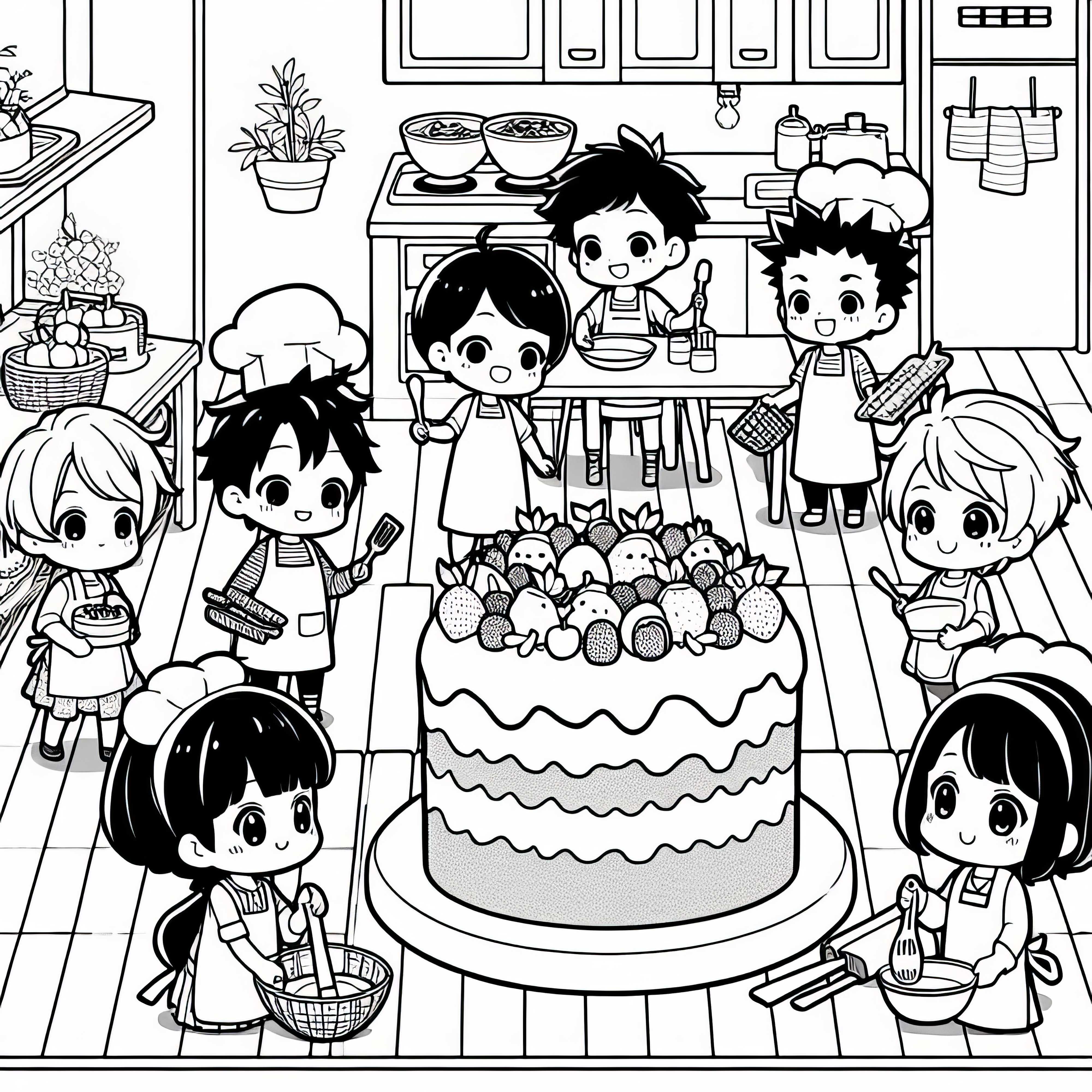 Anak-anak anime membantu membuat kue buah besar di dapur - Gambar untuk diwarnai gratis