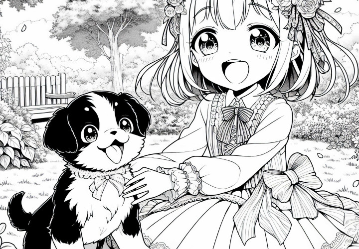 Gadis anime bermain sambil tertawa dengan anak anjing lucu di kebun - Template mewarnai gratis