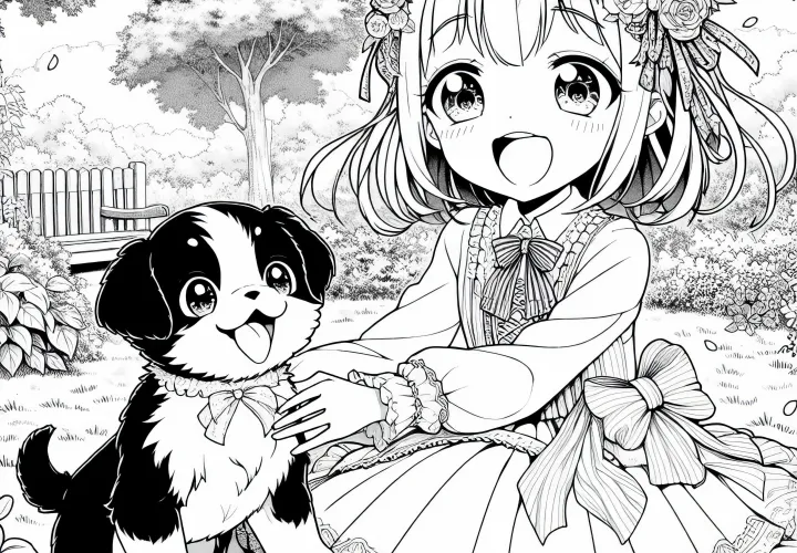 Gadis anime bermain sambil tertawa dengan anak anjing lucu di kebun - Template mewarnai gratis