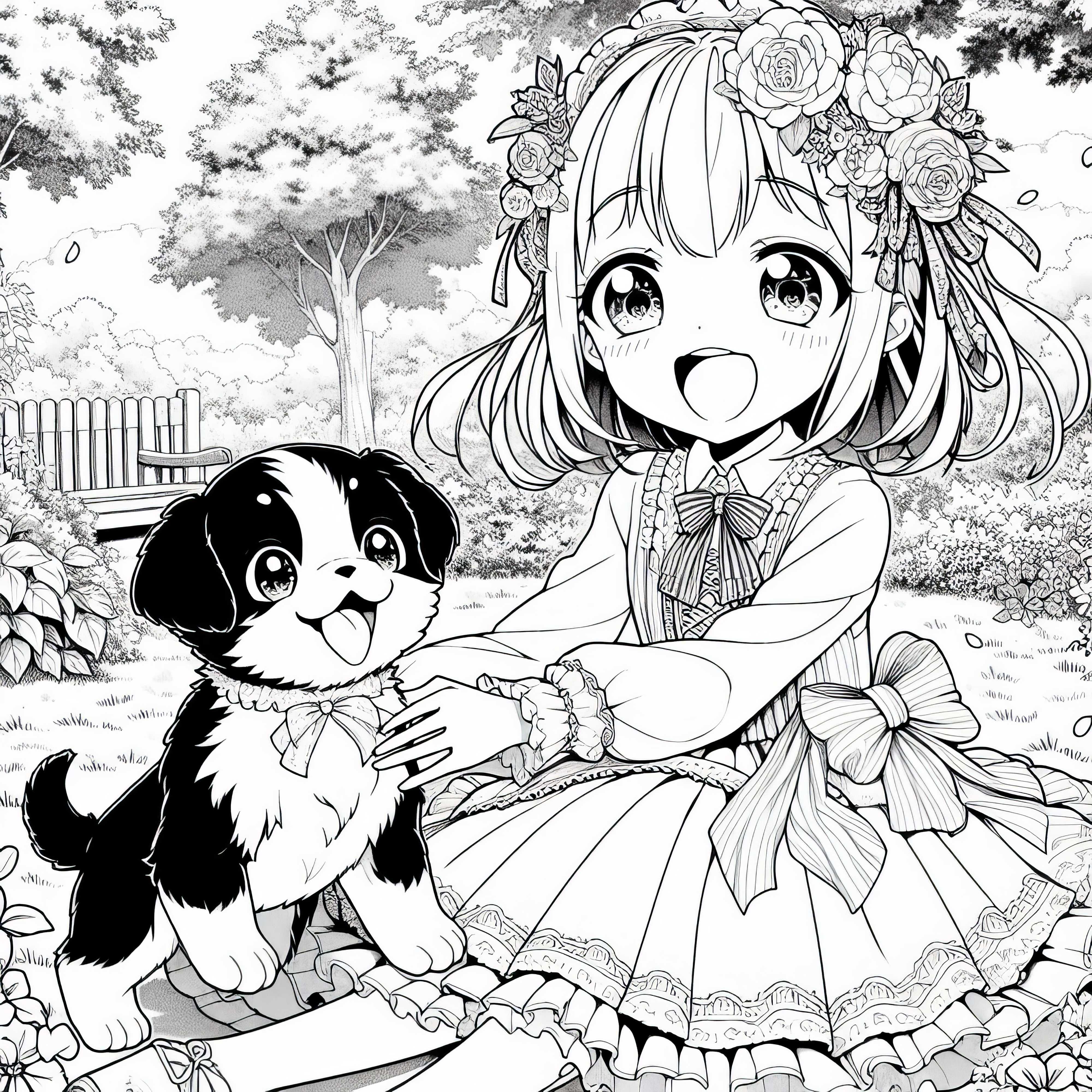 Gadis anime bermain sambil tertawa dengan anak anjing lucu di taman - Template mewarnai gratis