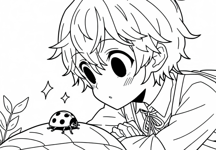 Anime-Boy Mengagumi Kumbang, Yang Duduk di Atas Daun - Gambar Mewarnai Gratis