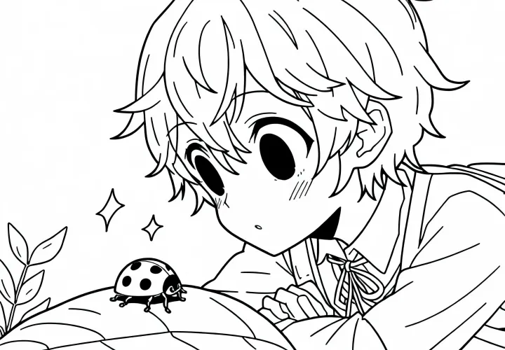 Anime-Boy Mengagumi Kumbang, Yang Duduk di Atas Daun - Gambar Mewarnai Gratis