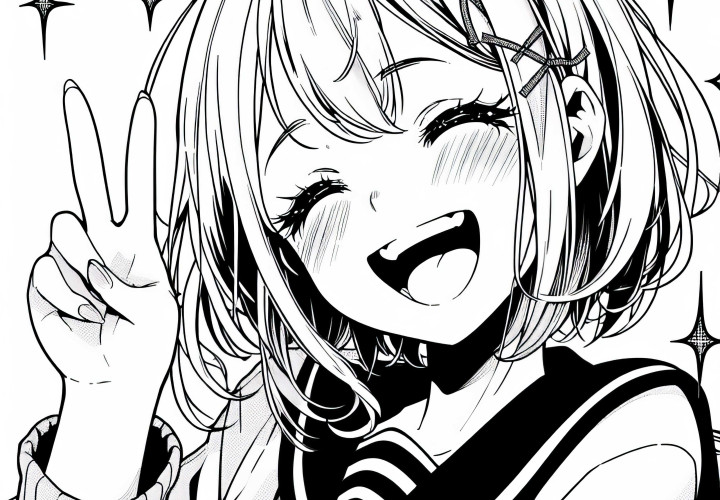 Gadis manga tertawa dengan gembira dan menunjukkan tanda perdamaian – Templat mewarnai gratis