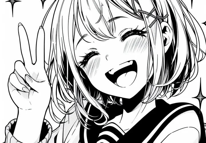 Gadis manga tertawa dengan gembira dan menunjukkan tanda perdamaian – Templat mewarnai gratis