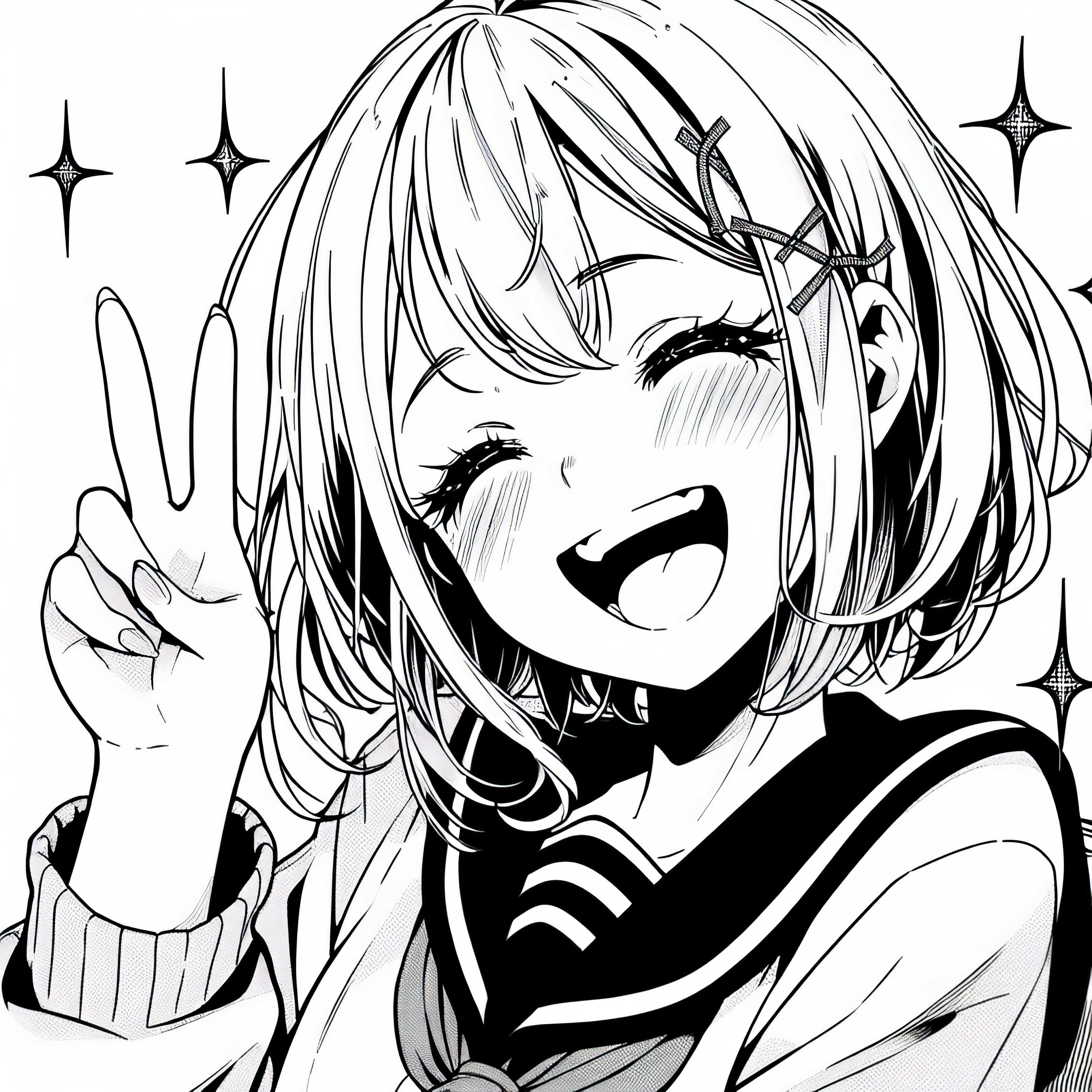 Gadis manga tertawa lebar dan menunjukkan tanda perdamaian - Template mewarnai gratis