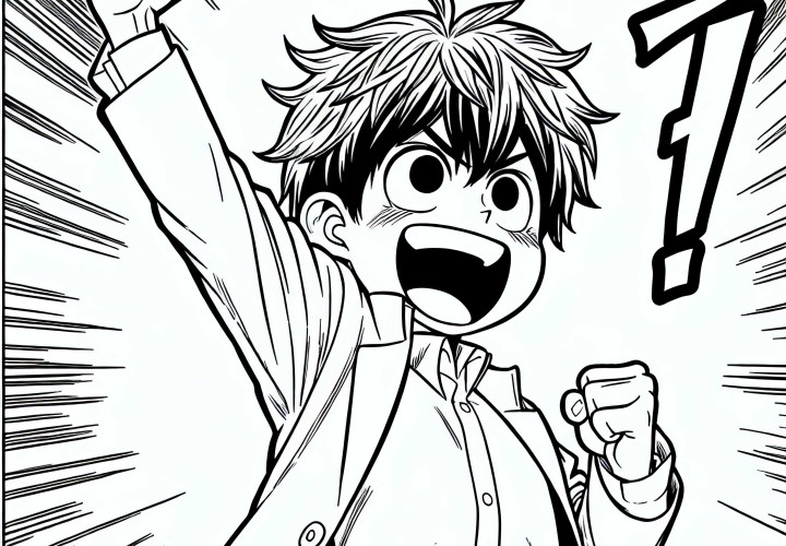 Bocah Manga mengangkat tinju dengan penuh kemenangan ke udara - Template mewarnai gratis