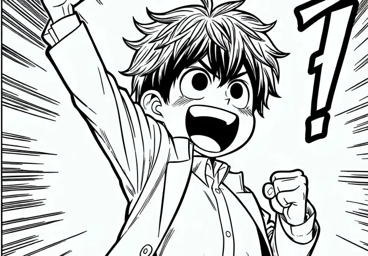 Bocah Manga mengangkat tinju dengan penuh kemenangan ke udara - Template mewarnai gratis