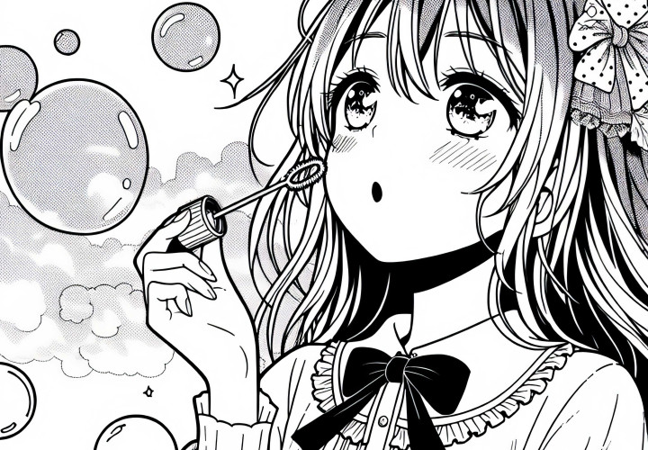 Manga Gadis meniup gelembung sabun template mewarnai gratis
