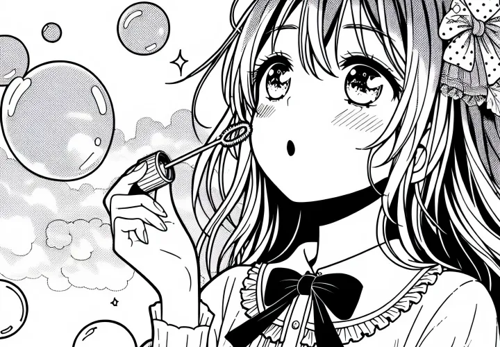 Manga Gadis meniup gelembung sabun template mewarnai gratis