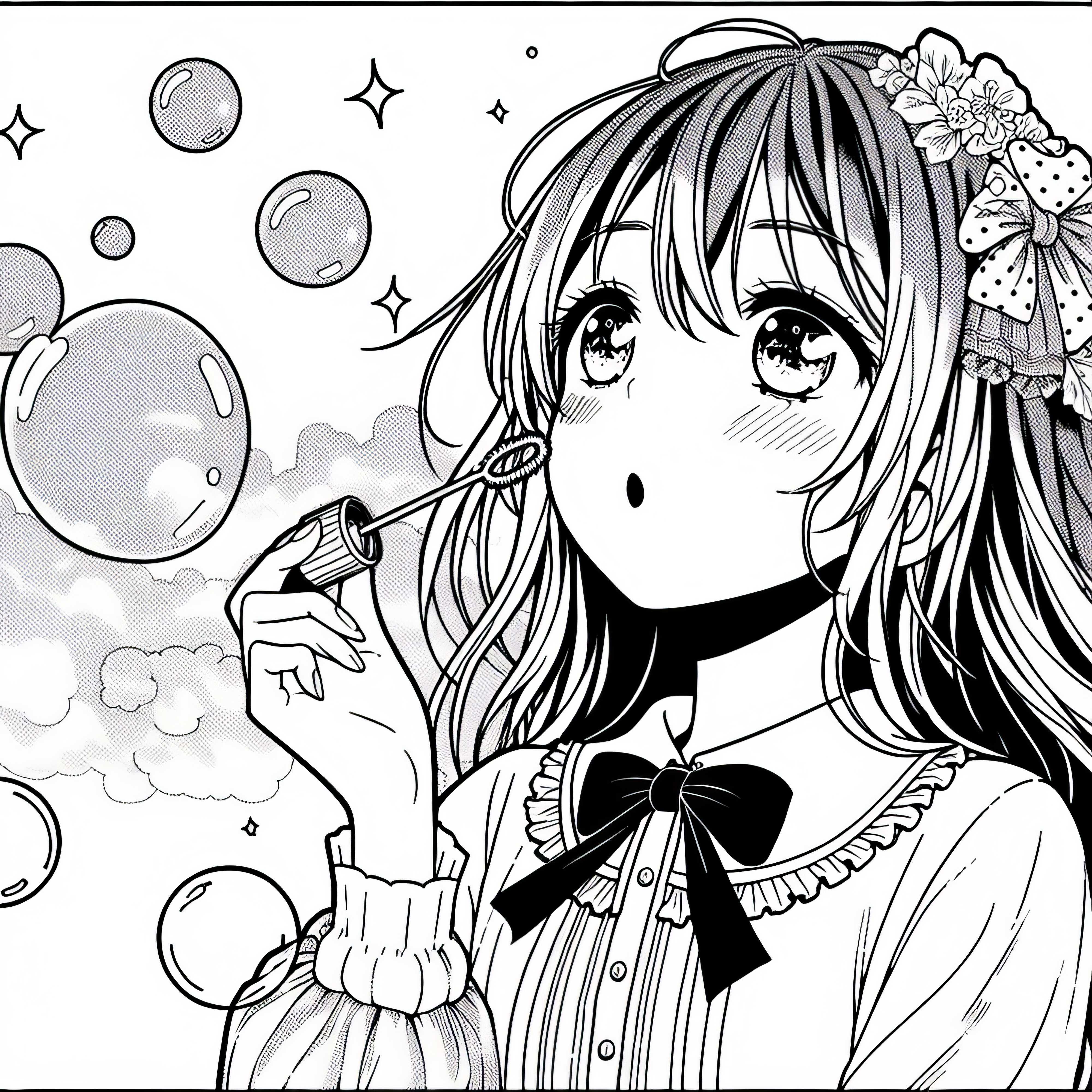 Manga Gadis meniup gelembung sabun template mewarnai gratis