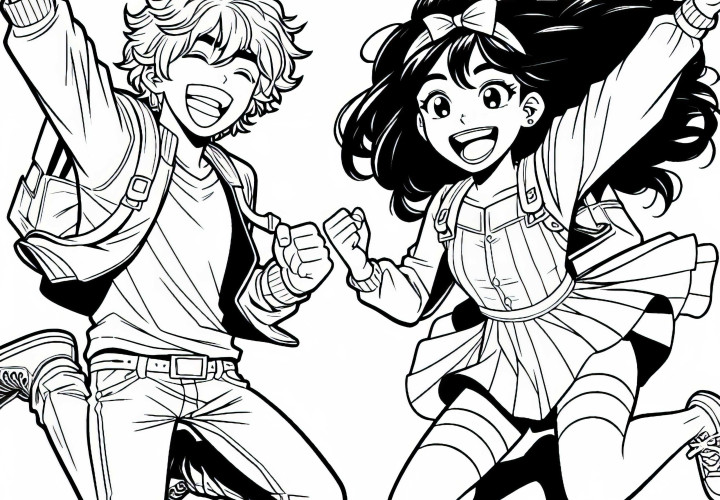 Dua teman manga melompat bersamaan ke udara karena kegembiraan – Cetak gambar gratis