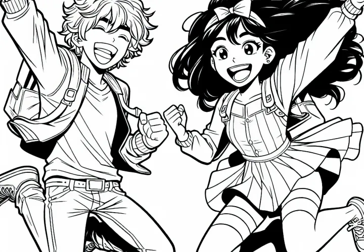 Dua teman manga melompat bersamaan ke udara karena kegembiraan – Cetak gambar gratis