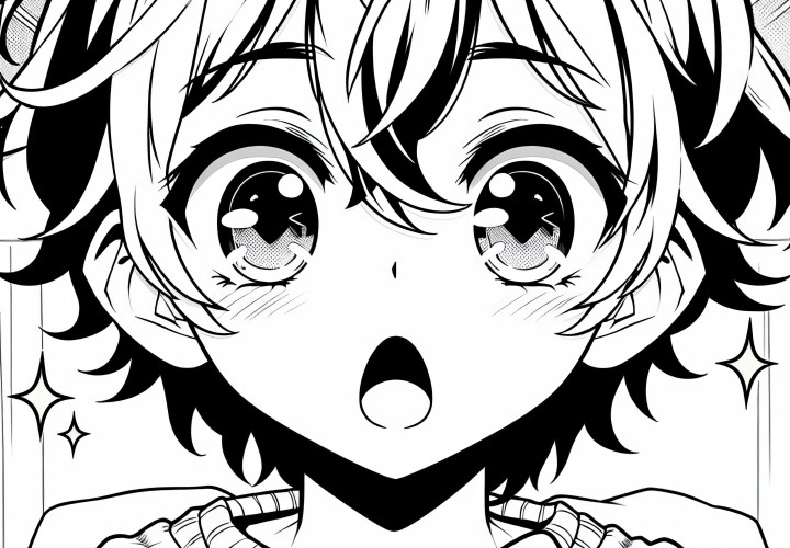 Karakter manga terlihat terkejut dengan mata besar yang bersinar menatap sebuah hadiah - Gambar untuk diwarnai gratis