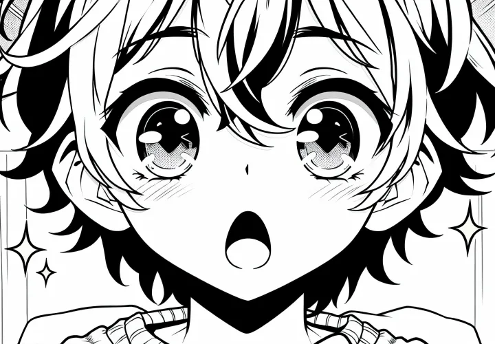Karakter manga terlihat terkejut dengan mata besar yang bersinar menatap sebuah hadiah - Gambar untuk diwarnai gratis