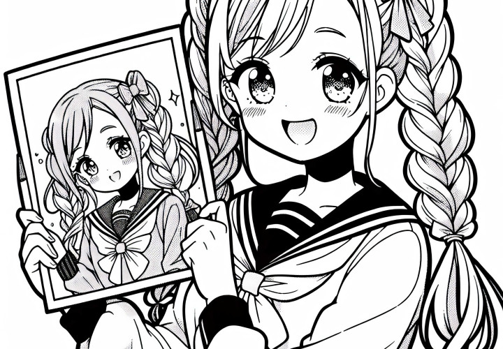 Gadis manga dengan kepang dengan bangga memegang gambar yang dia lukis sendiri - Gambar untuk diwarnai gratis