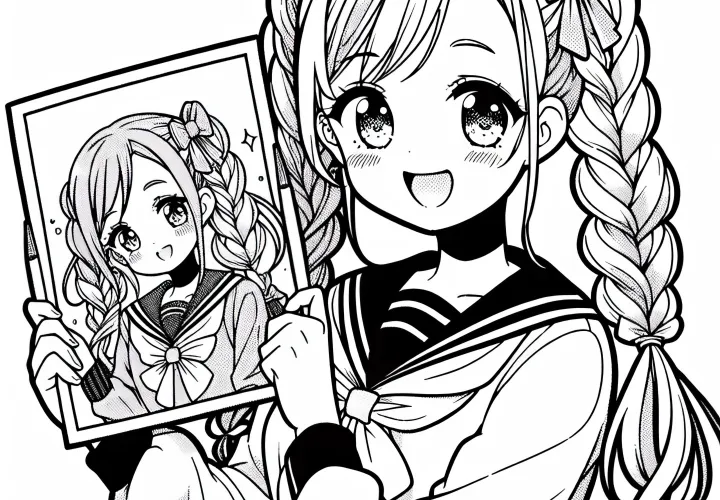 Gadis manga dengan kepang dengan bangga memegang gambar yang dia lukis sendiri - Gambar untuk diwarnai gratis