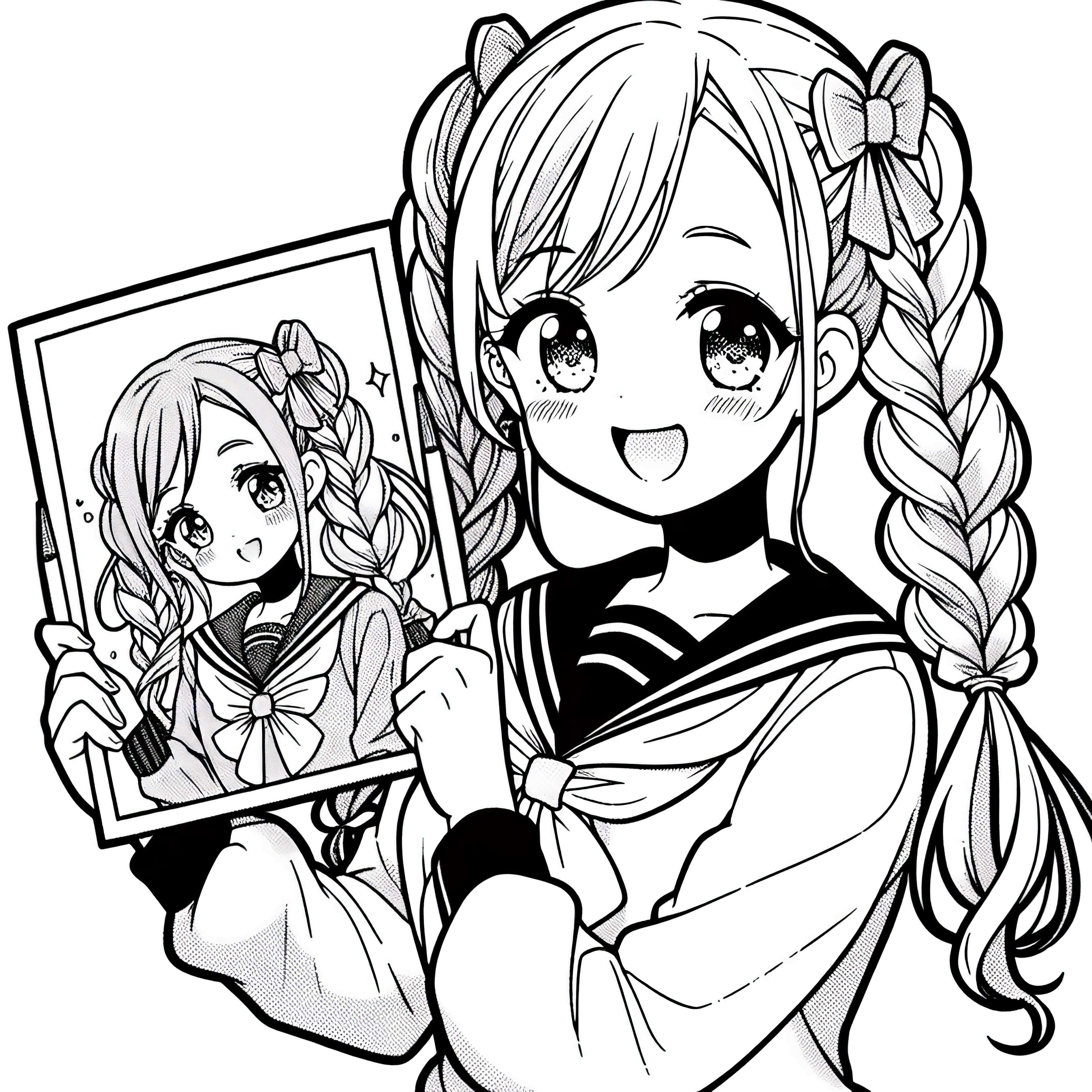 Gadis manga dengan kepang bangga memegang gambar yang dia lukis sendiri - Gambar untuk diwarnai gratis