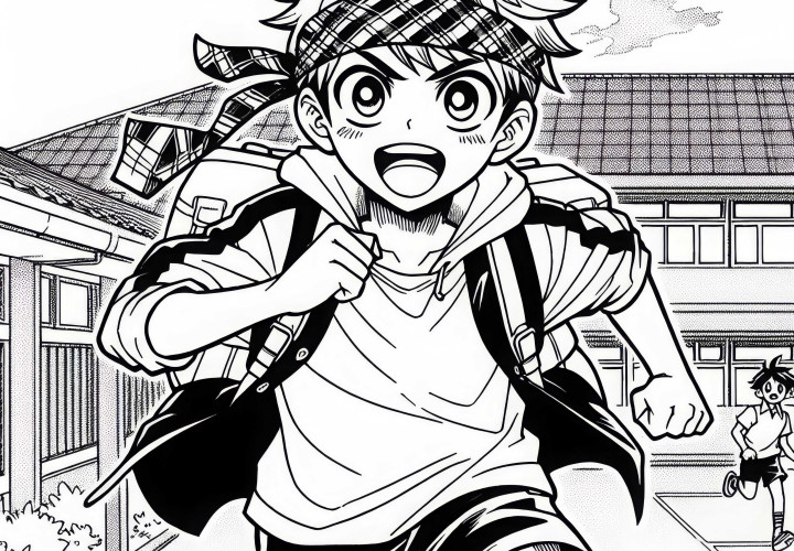 Anak manga dengan sabuk olahraga berlari penuh energi di halaman sekolah - Gambar mewarnai gratis